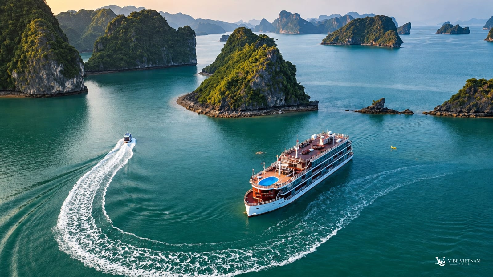 Du thuyền rẽ sóng giữa vịnh Bái Tử Long, xung quanh là đảo đá vôi