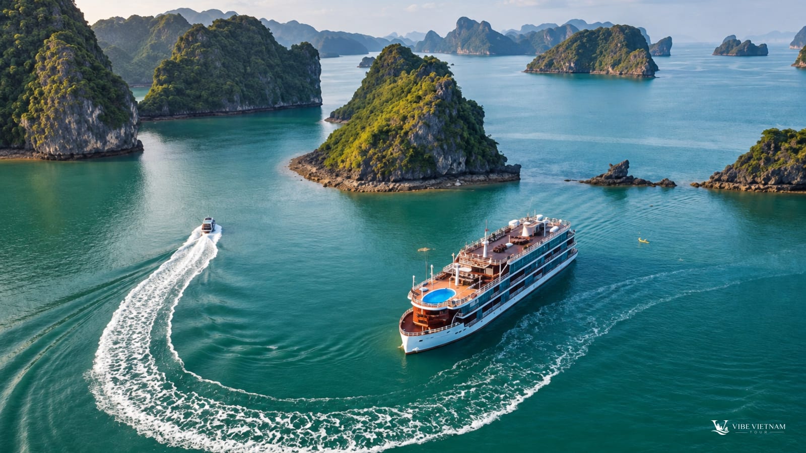Du thuyền sang trọng với bể bơi trên boong rẽ sóng giữa các đảo đá vôi Vịnh Hạ Long