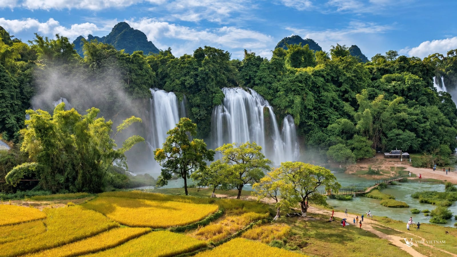Thác Bản Giốc đổ xuống bên ruộng lúa chín vàng dưới chân núi Cao Bằng