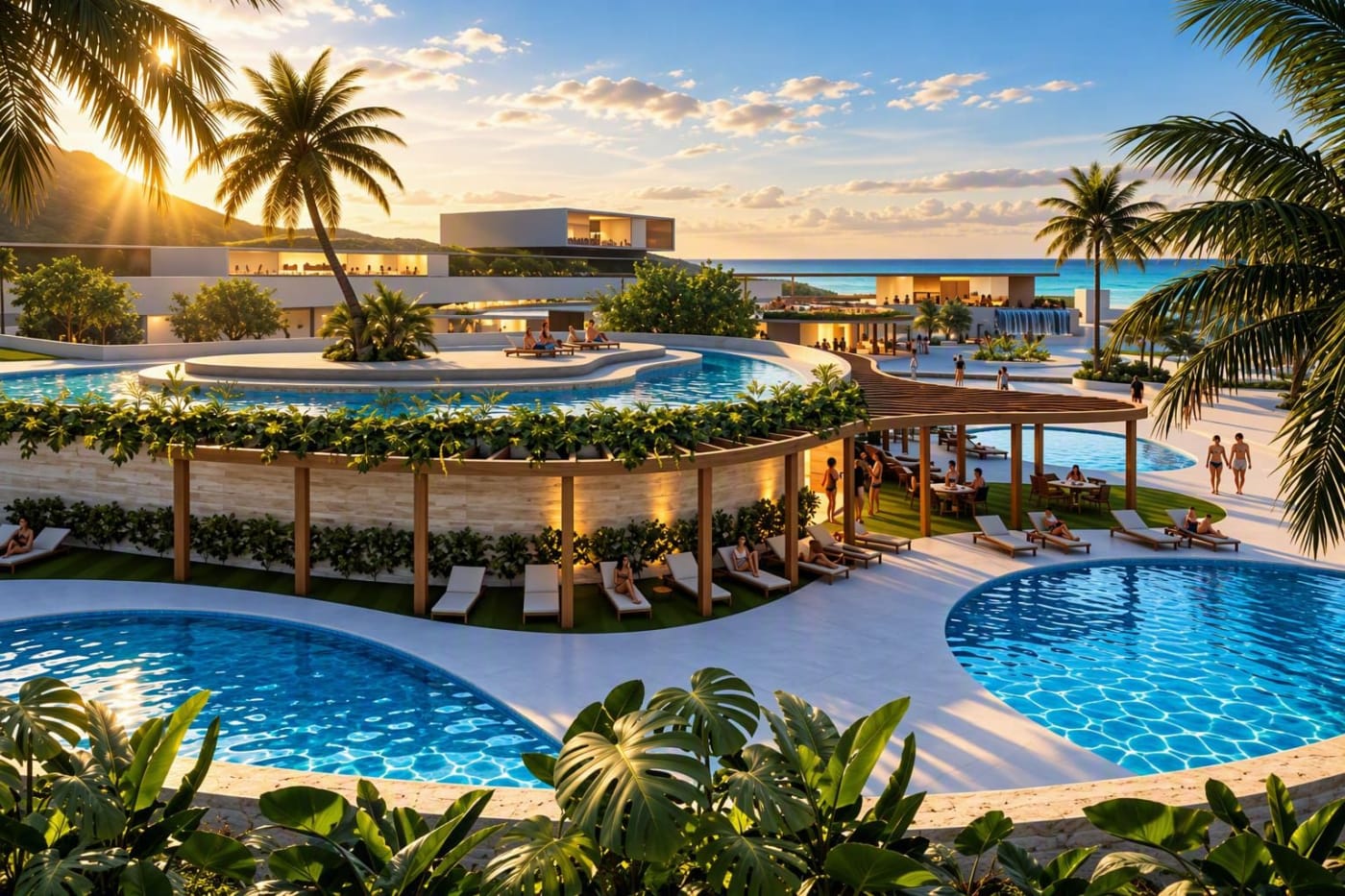 Rendu du futur resort Meliá Roatán au Honduras, piscines et pergolas face à la mer des Caraïbes