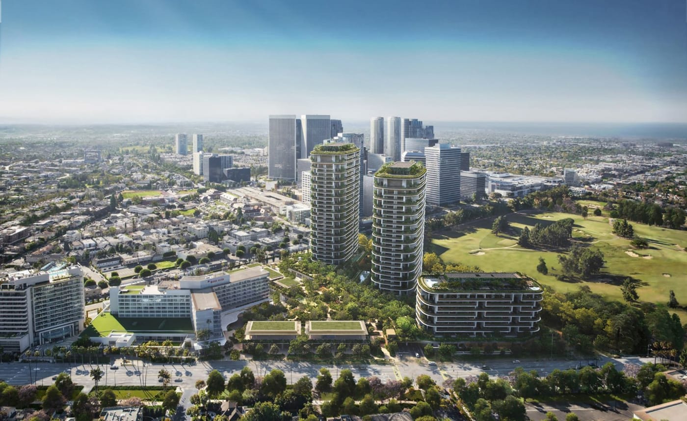 Vue aérienne en rendu du complexe One Beverly Hills avec les deux tours des résidences Aman, les jardins et le Beverly Hilton, face au Los Angeles Country Club