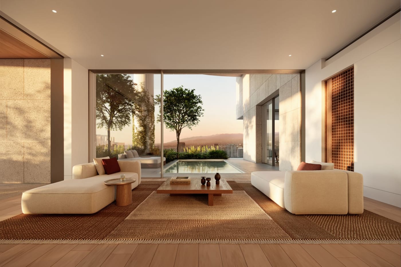 Rendu du salon d'une résidence Aman à Beverly Hills, canapés clairs et terrasse avec piscine au coucher du soleil