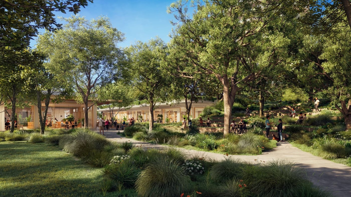 Rendu des jardins botaniques ouverts au public de One Beverly Hills, vers Santa Monica Boulevard