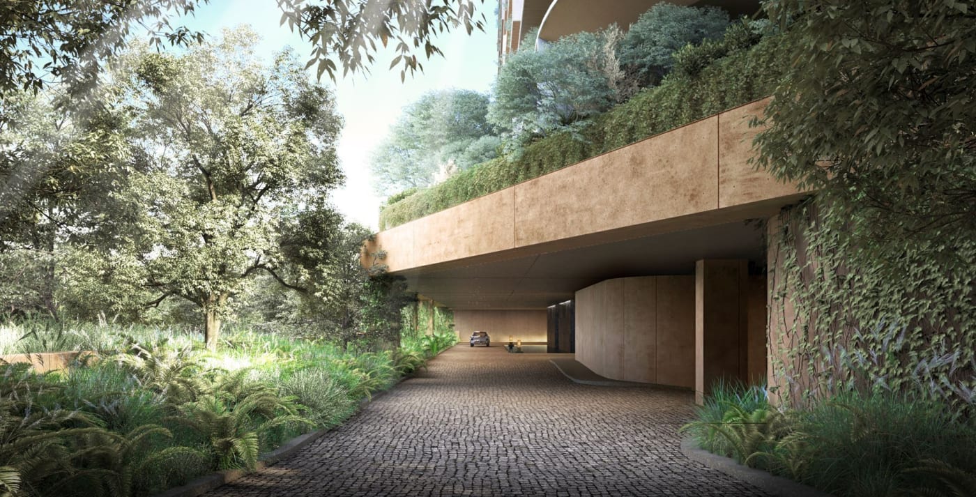 Rendu de l'allée d'arrivée pavée de l'hôtel Aman Beverly Hills sous la végétation