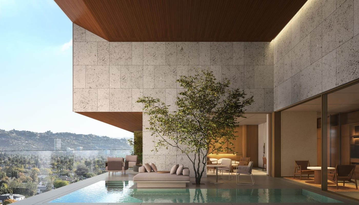Rendu d'une suite de l'hôtel Aman Beverly Hills avec terrasse et piscine privée face aux collines de Los Angeles