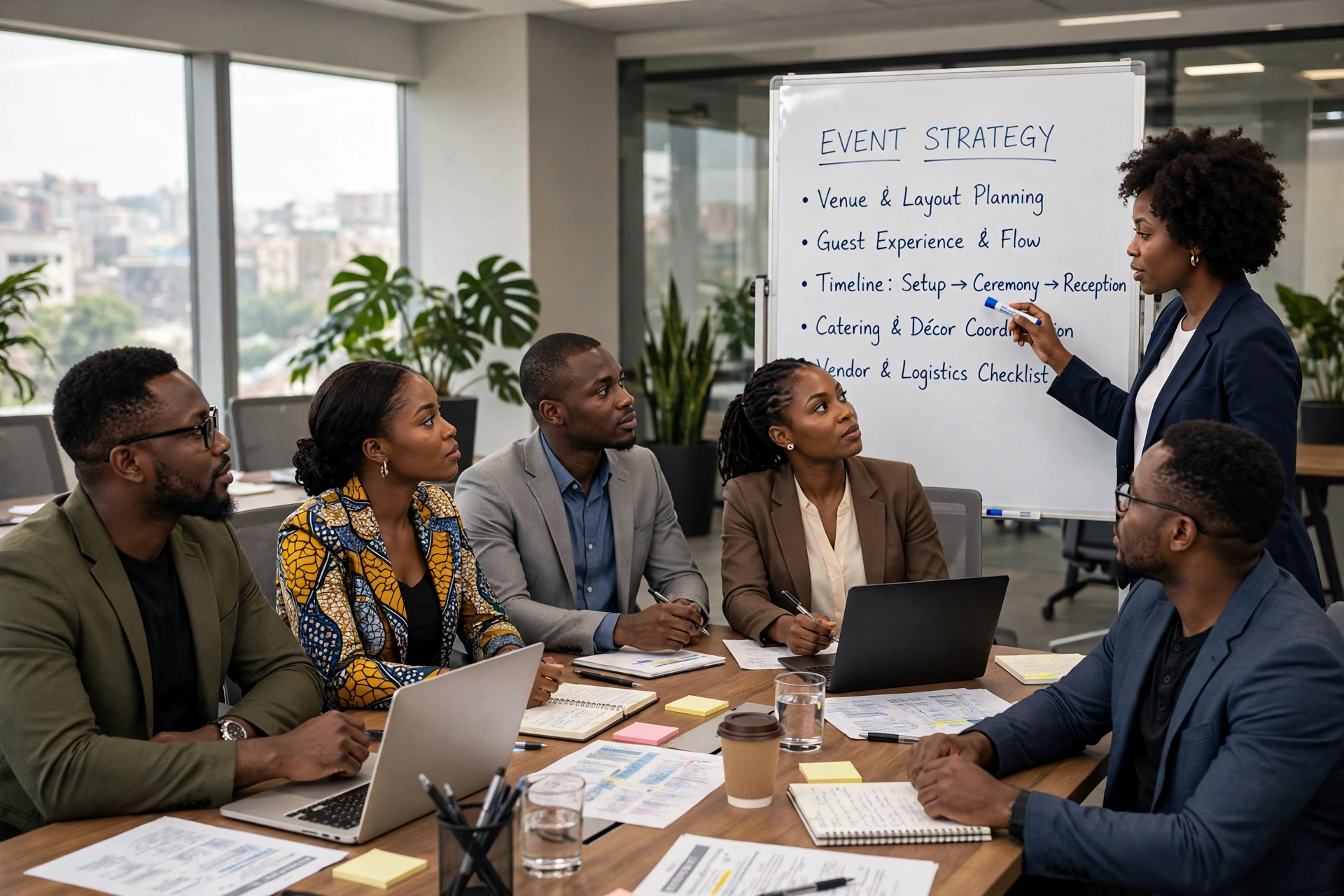 A diverse event team planning together around a table