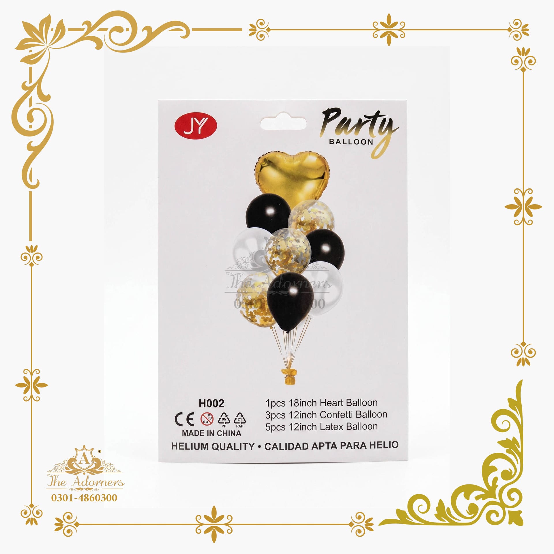 Heart + Confetti + Latex Bouquet - Black & gold - 18in heart, 12in latex - 9 pcs