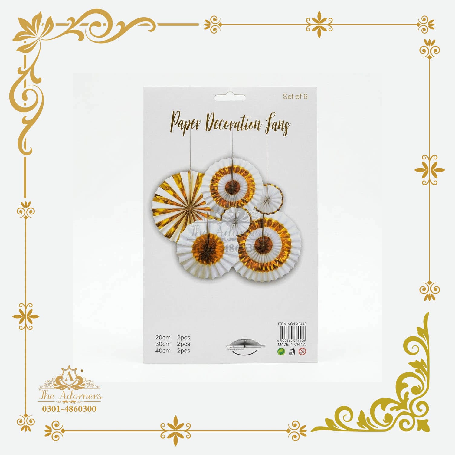 Hanging Paper Fan Set - White & gold - 20/30/40 cm - 6 pcs (LX9440)