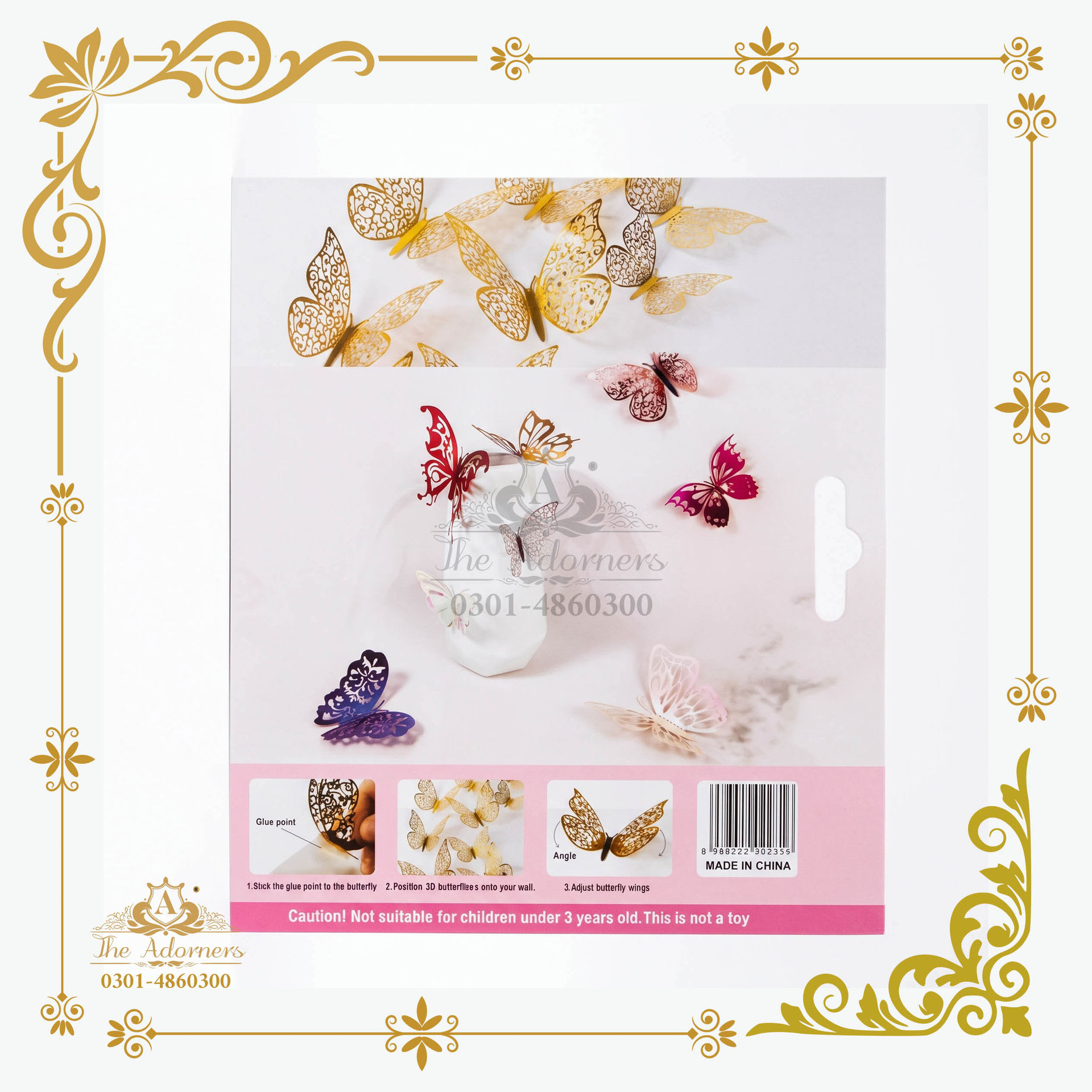 3D Hollow Butterfly Wall Sticker Set - Gold & pink & purple