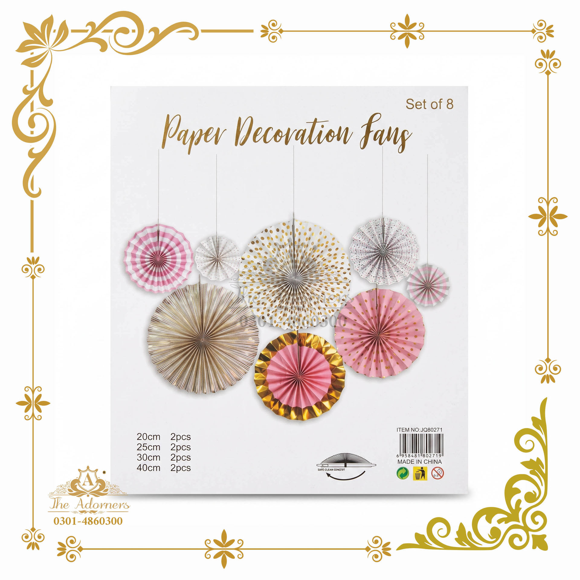 Hanging Paper Fan Set - Pink & gold - 20/25/30/40 cm - 8 pcs (JQ80271)