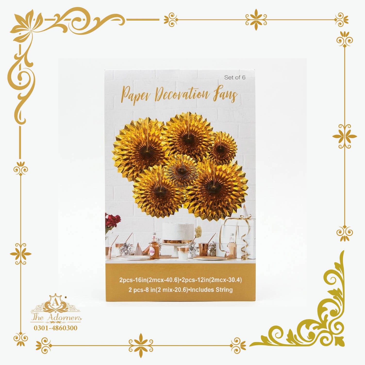 Hanging Paper Fan Set with String - Gold foil - 16in/12in/8in - 6 pcs