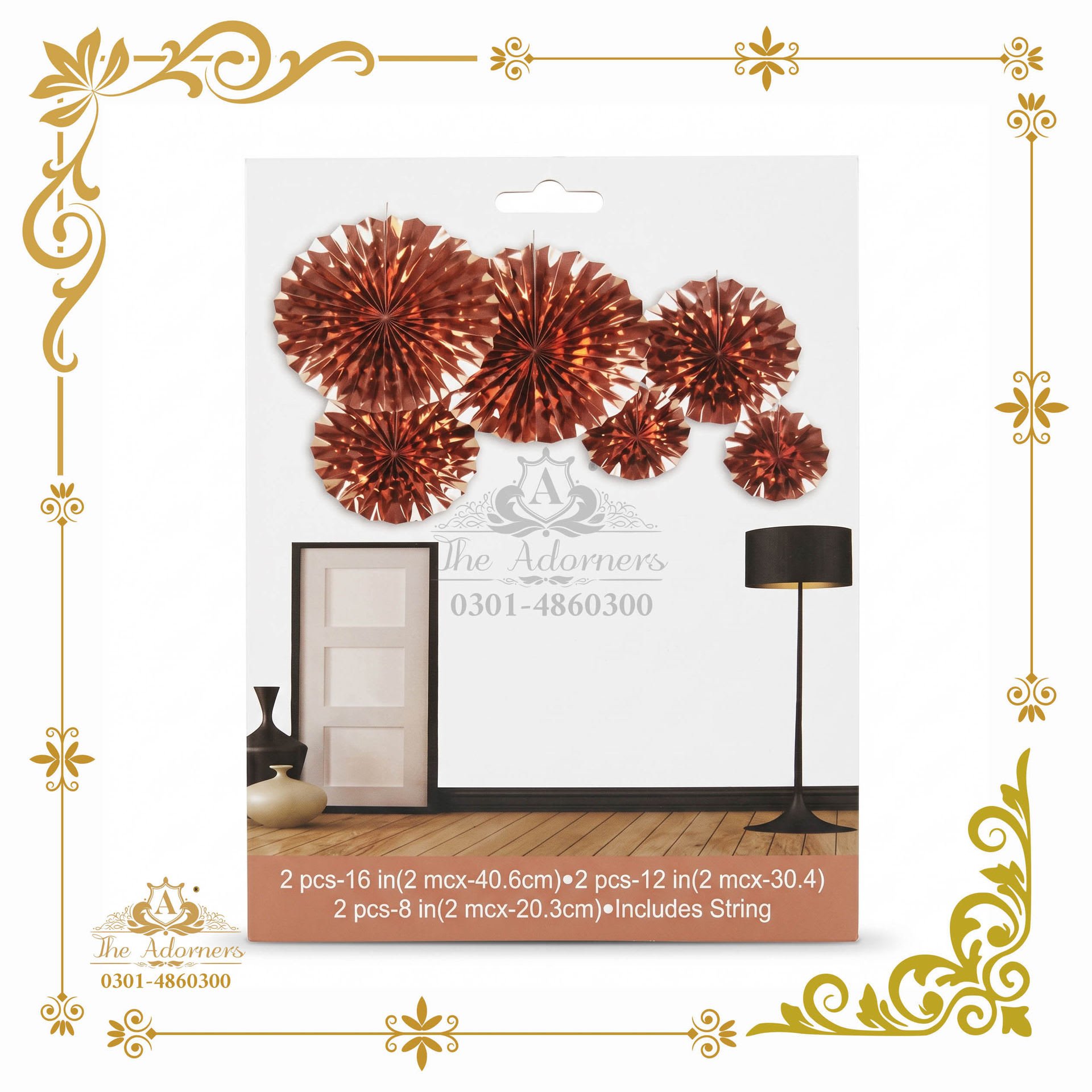 Hanging Paper Fan Set with String - Rose gold foil - 16in/12in/8in - 6 pcs