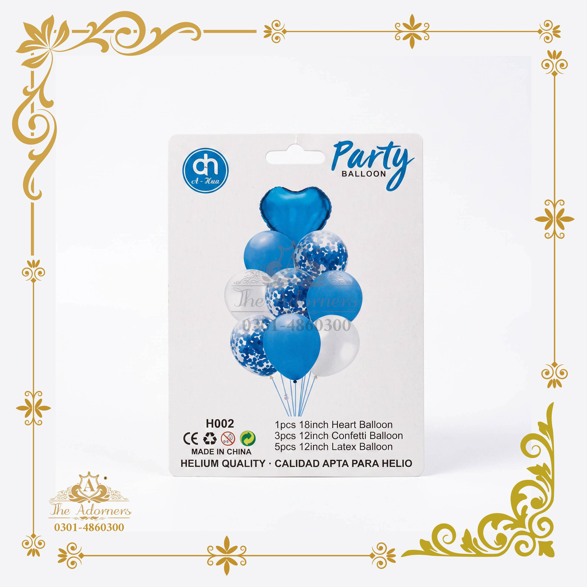 Heart + Confetti + Latex Bouquet - Blue & white - 18in heart, 12in latex - 9 pcs