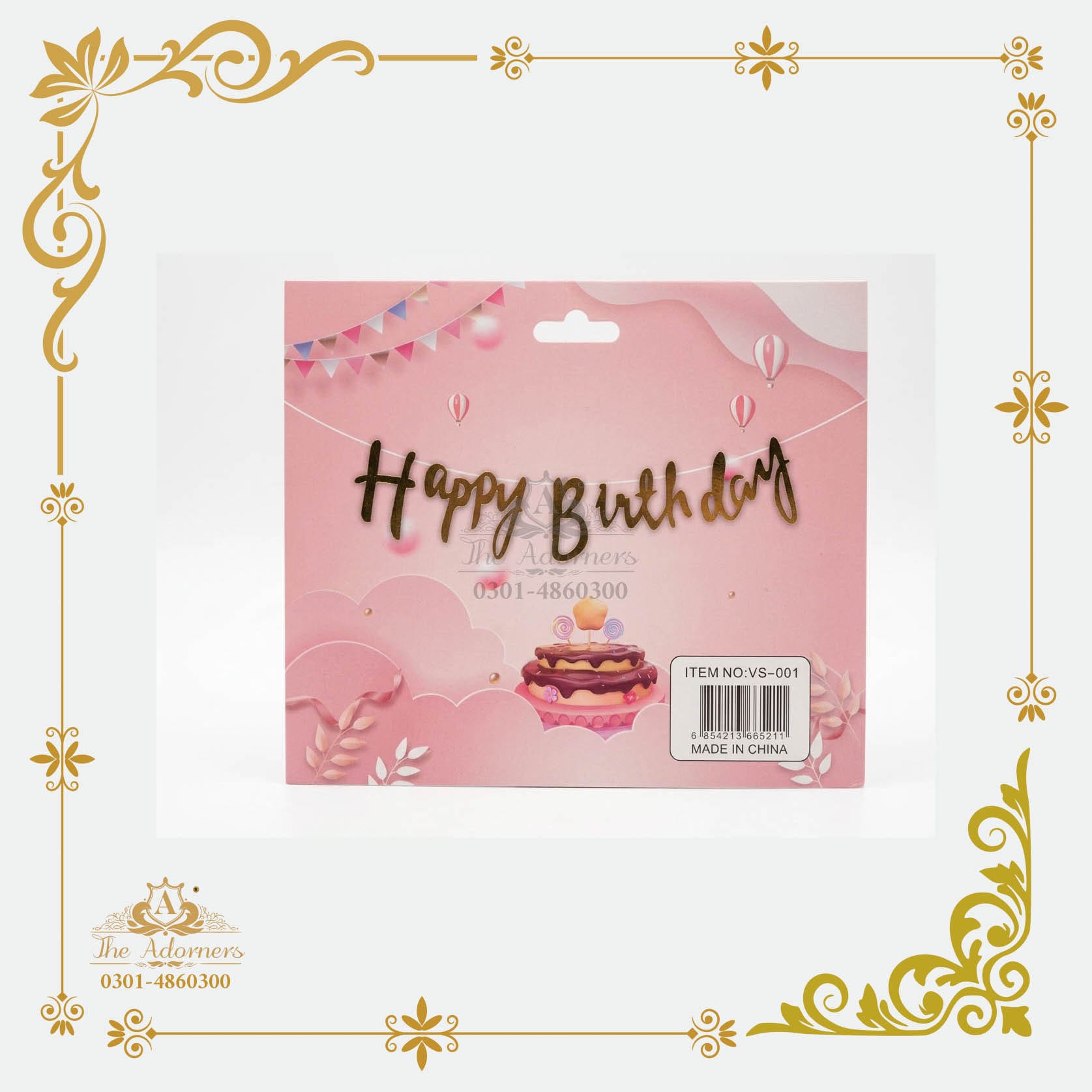 Happy Birthday Cursive Bunting - Gold on pink card - 1 pc (VS-001)