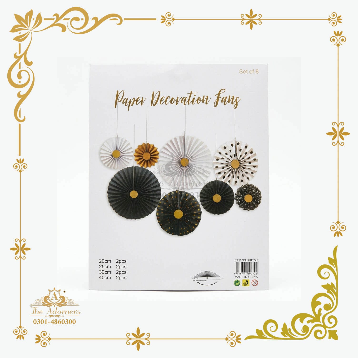 Hanging Paper Fan Set - Black & white & gold - 20/25/30/40 cm - 8 pcs