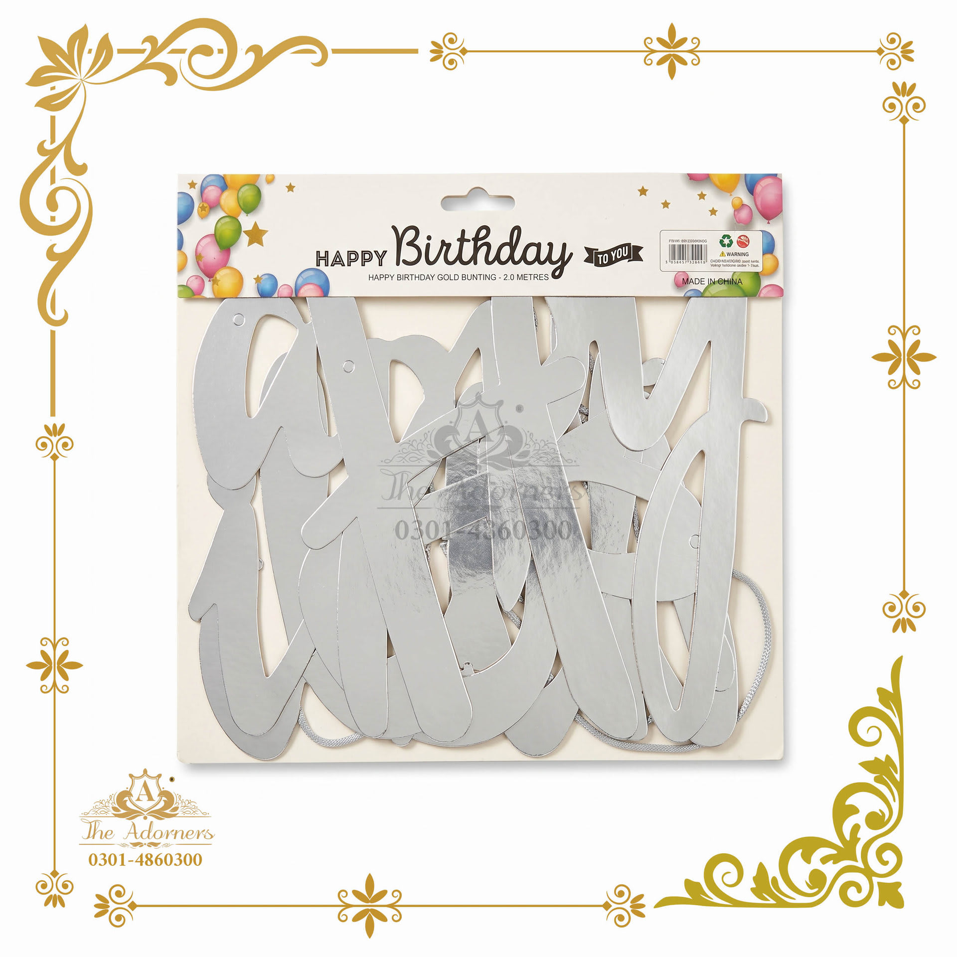 Happy Birthday Cursive Bunting - Silver - 2.0 metres - 1 pc