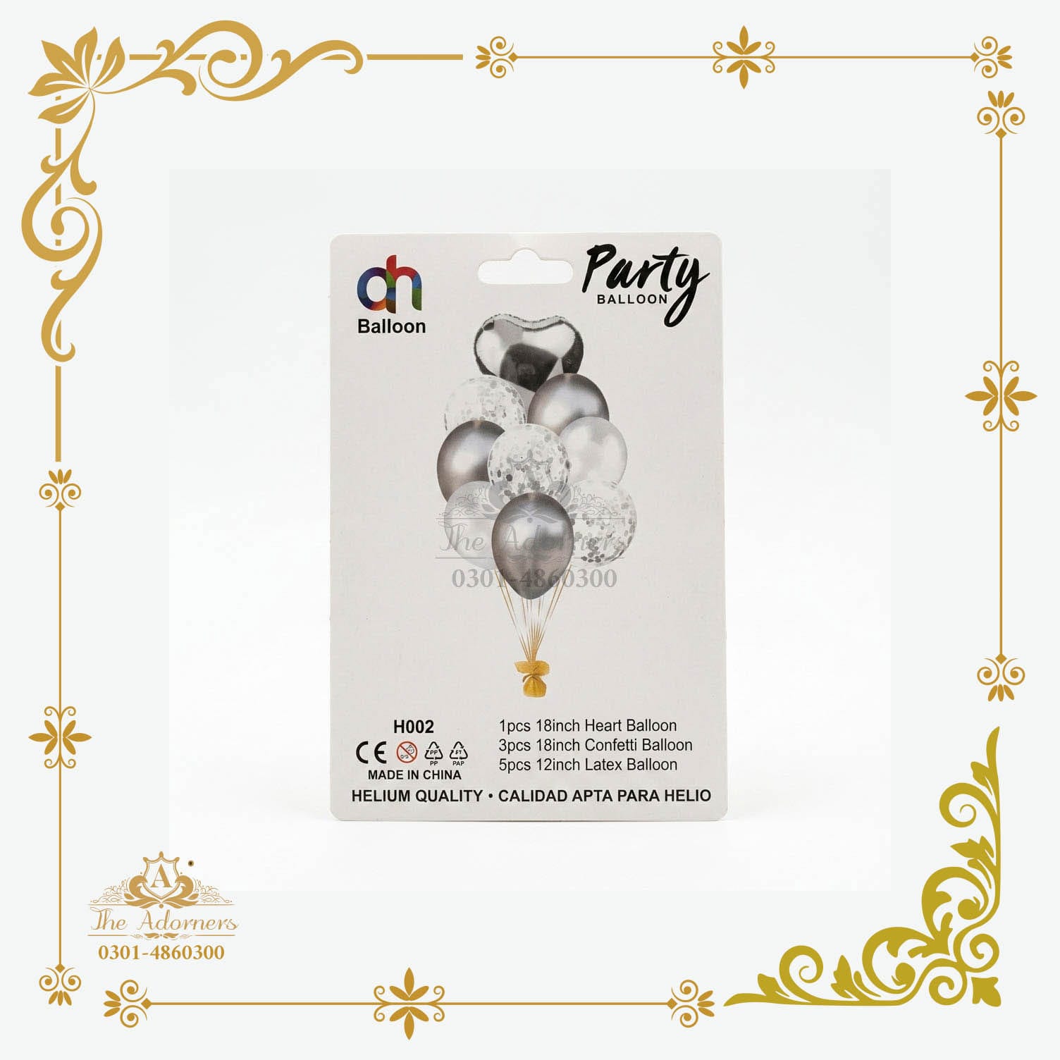 Heart + Confetti + Latex Bouquet - Silver chrome & white - 18in heart, 12in
