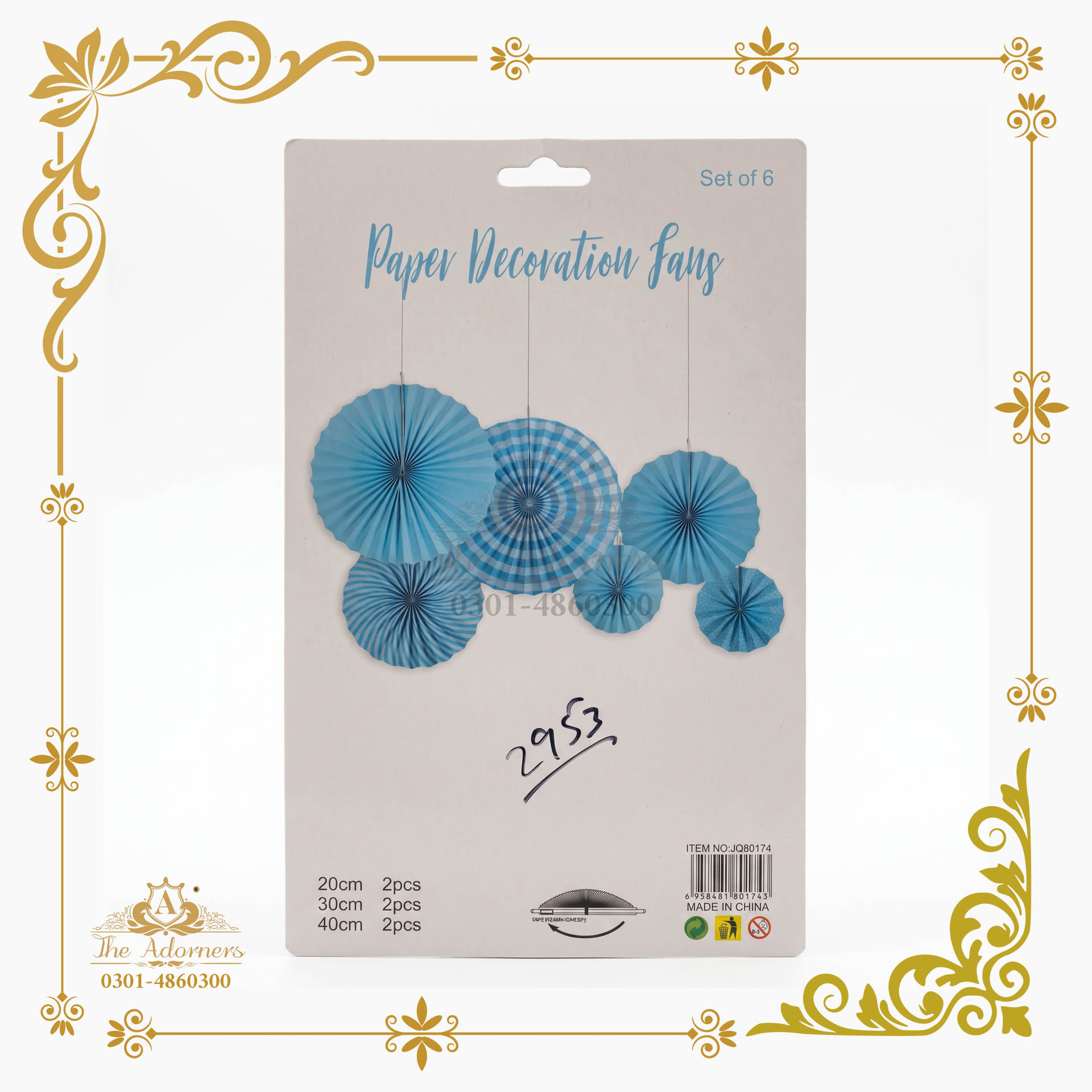 Hanging Paper Fan Set - Blue - 20/30/40 cm - 6 pcs (JQ80174)