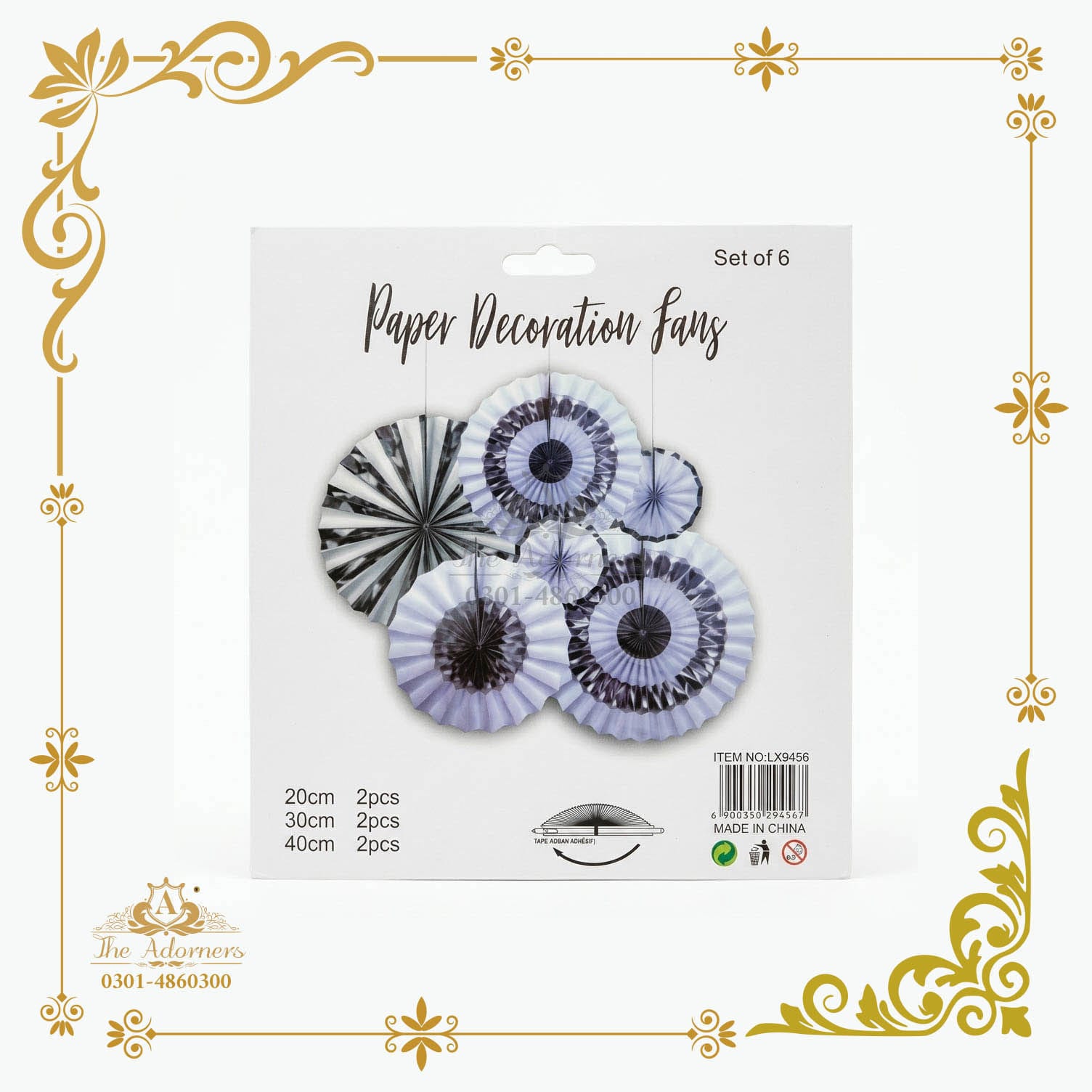 Hanging Paper Fan Set - Black & white marble - 20/30/40 cm - 6 pcs (LX9456)