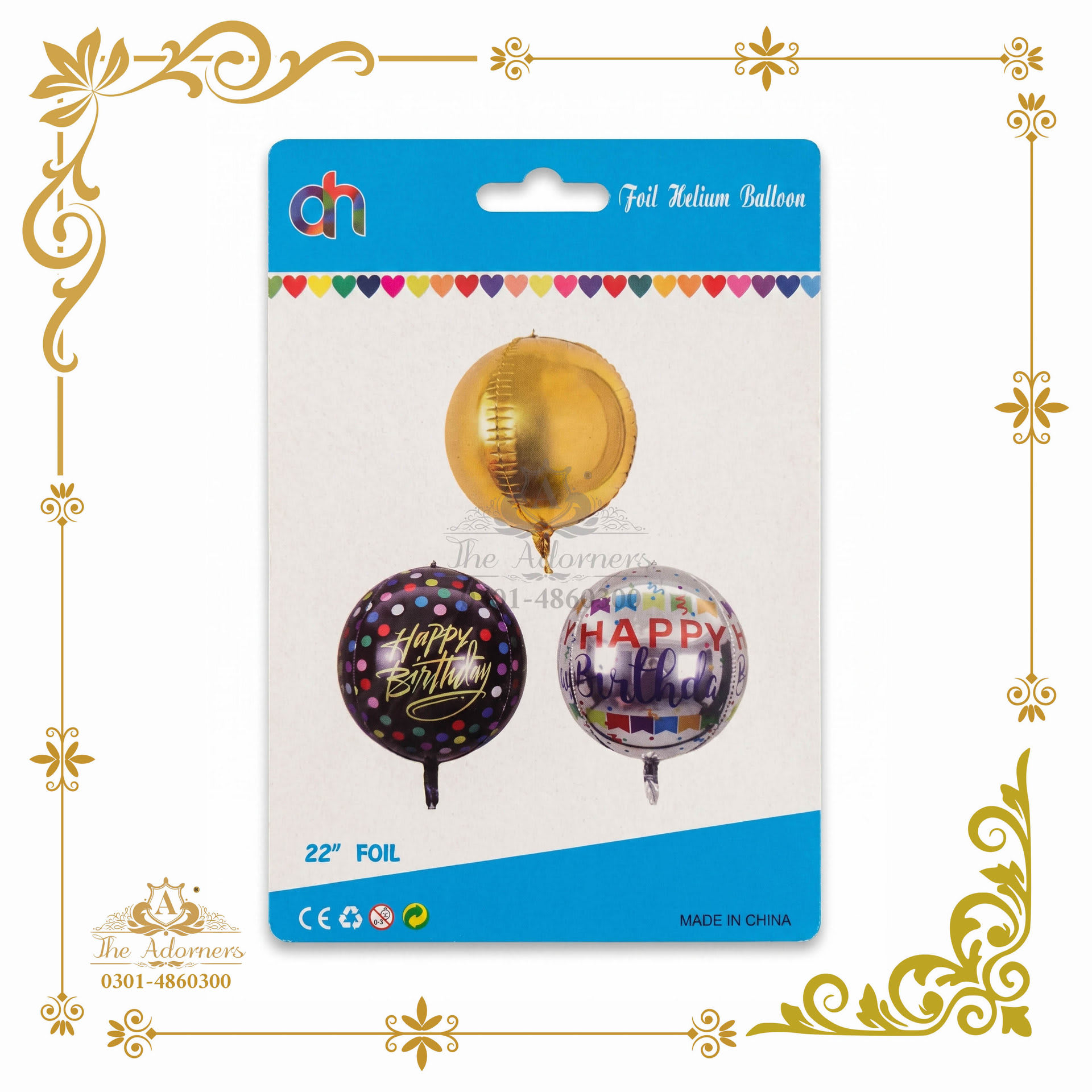 4D Orb Balloon, Happy Birthday Print - Gold & black & white