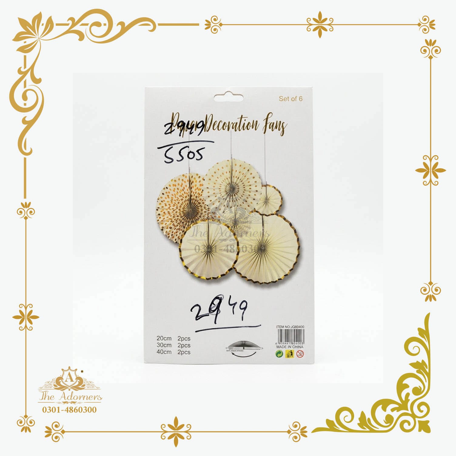 Hanging Paper Fan Set - Ivory & gold dot - 20/30/40 cm - 6 pcs (JQ8D400)