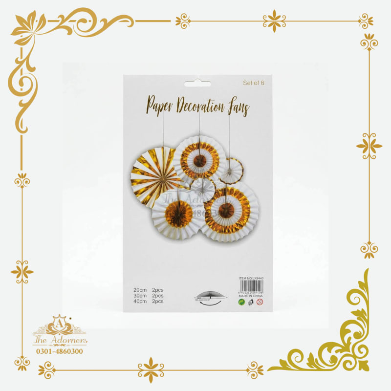 Hanging Paper Fan Set white & gold - The Adorners, Lahore