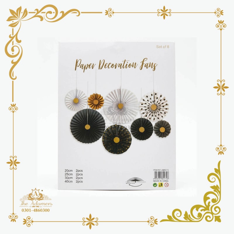 Hanging Paper Fan Set black & white & gold - The Adorners, Lahore