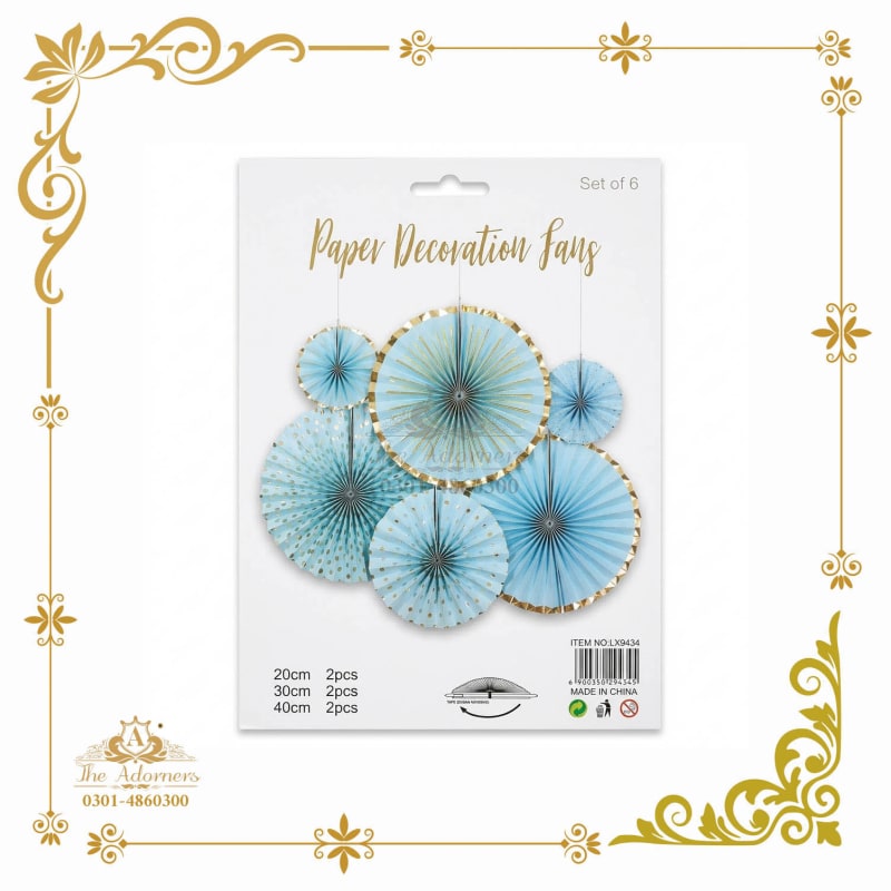 Hanging Paper Fan Set light blue & gold - The Adorners, Lahore