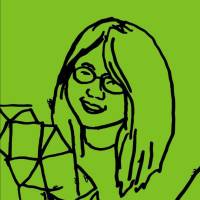 Sketch of C.K.Itamura with black lines on a lime green background