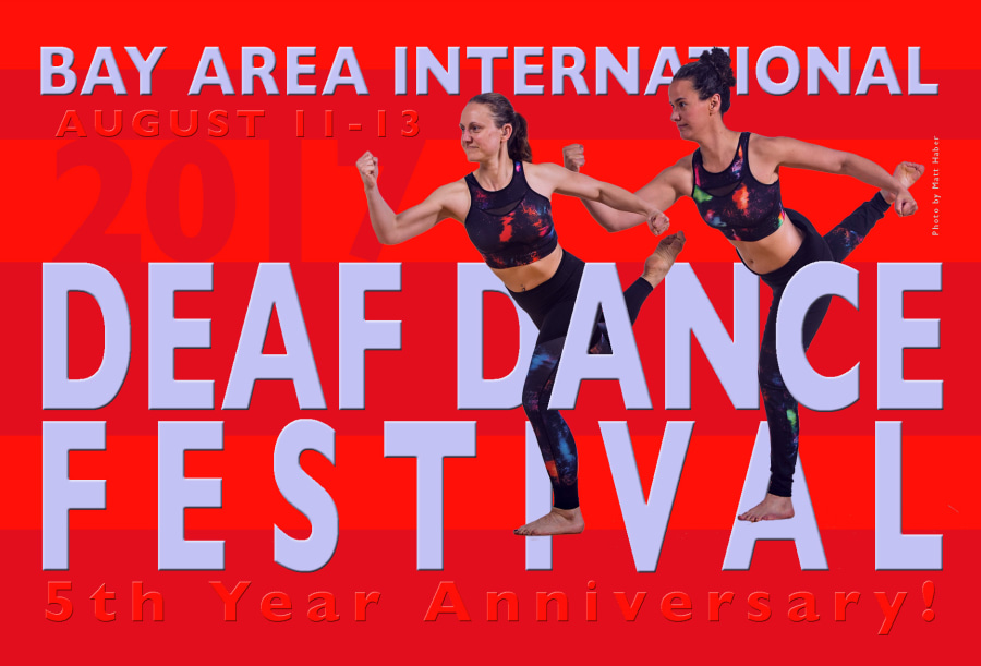 Image of a red postcard featuring two light-skinned women dancers wearing tie-dye leggings and crop-top athletic wear. They are each standing on their left foot, arms in a powerful stance with the right fist clenched, and right leg stretched behind them. In the middle of the postcard appears the title “Deaf Dance Festival 5th year anniversary" in bold letters.