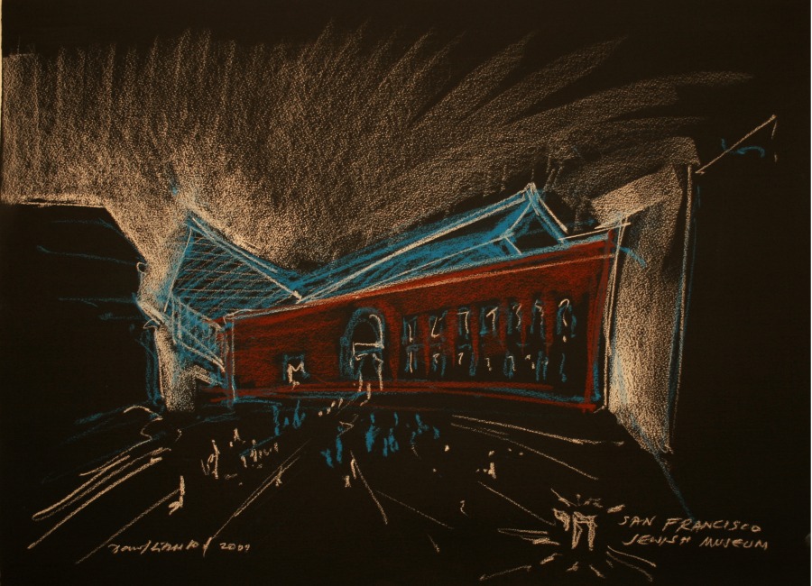 A white pencil conceptual sketch of The Contemporary Jewish Museum building, on black paper 