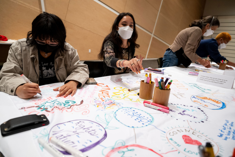 Teens drawing on butcher paper at a large table