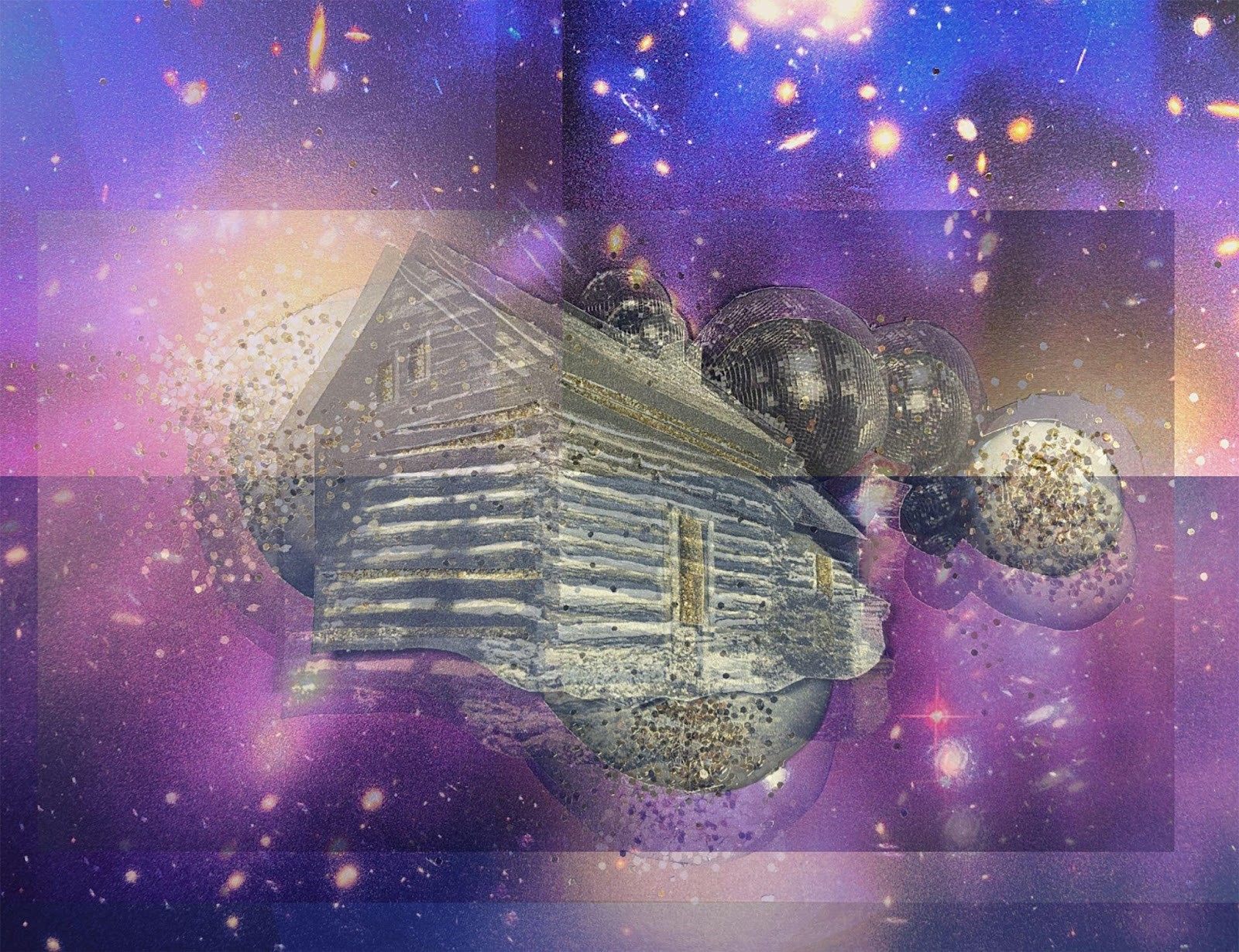 A collage image of a wooden cabin, floating against a purple outer space background.