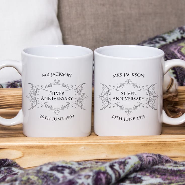 The Gift Experience Silver Pair Of Personalised Anniversary Mugs - 25Th Wedding Anniversary Gifts