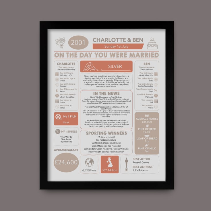 25th Anniversary (Silver) Wedding Day Chart Framed Print product image