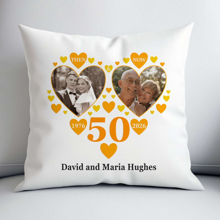 The Gift Experience Golden Personalised Then And Now Anniversary Photo Cushion | 50Th Wedding Anniversary Gifts | Size: 46Cm Square