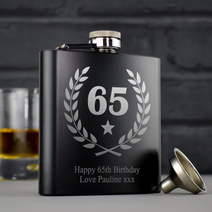 The Gift Experience Black Personalised 65Th Birthday Hip Flask | Whisky Gifts | Gifts For Him | Silk Lined Gift Box