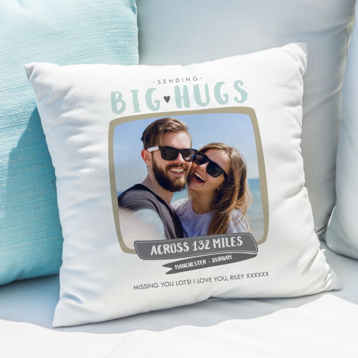 The Gift Experience Personalised Big Hugs Photo Cushion | Emigration Gifts | Thinking Of You