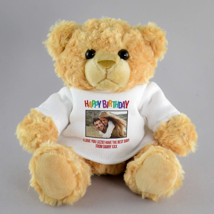 The Gift Experience Golden/White Personalised Happy Birthday Photo Upload Teddy Bear | Personalised Birthday Gifts | Unique Gifts For Children