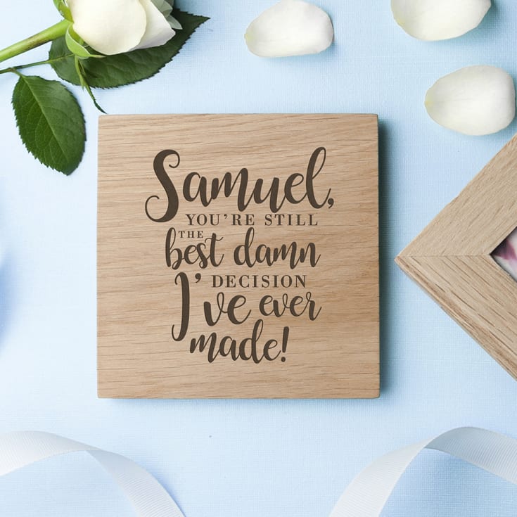 Engraved Valentine's Best Damn Decision Oak Photo Cube product image