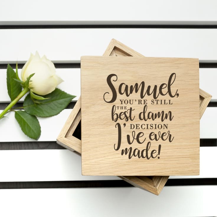 Engraved Valentine's Best Damn Decision Oak Photo Cube product image