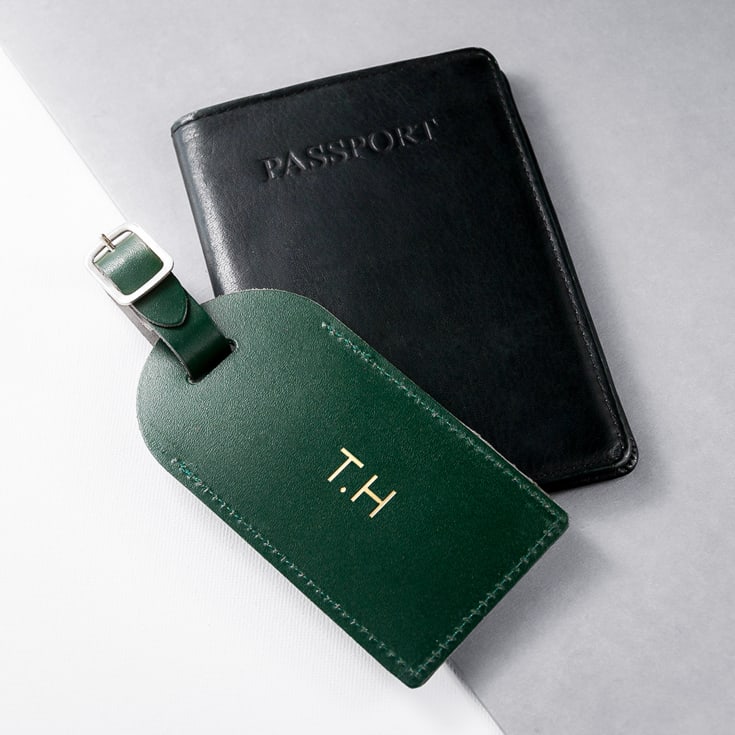 Personalised Dark Green Foiled Leather Luggage Tag product image