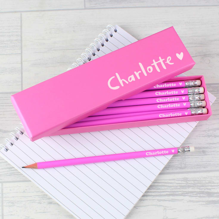 Personalised Heart Box and 12 Pink HB Pencils product image