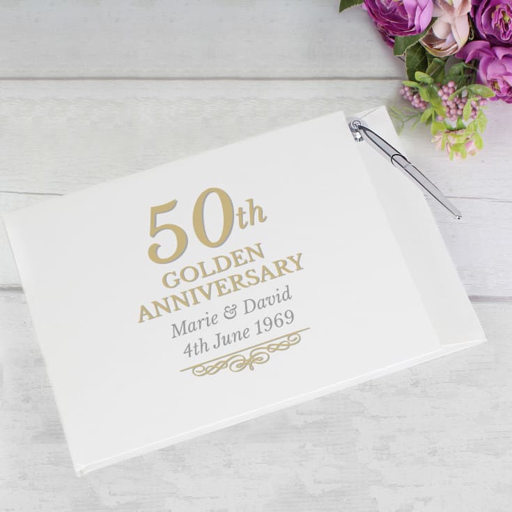 The Gift Experience Golden Personalised 50Th Anniversary Hardback Guest Book & Pen