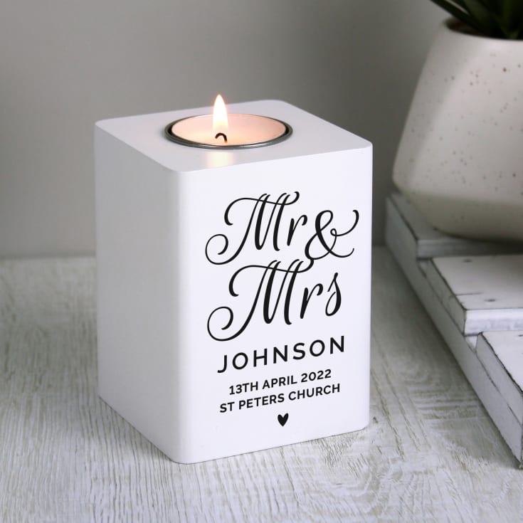 Personalised Mr & Mrs White Wooden Tea light Holder product image