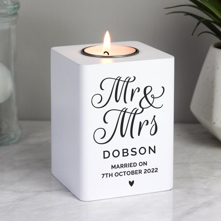 Personalised Mr & Mrs White Wooden Tea light Holder product image