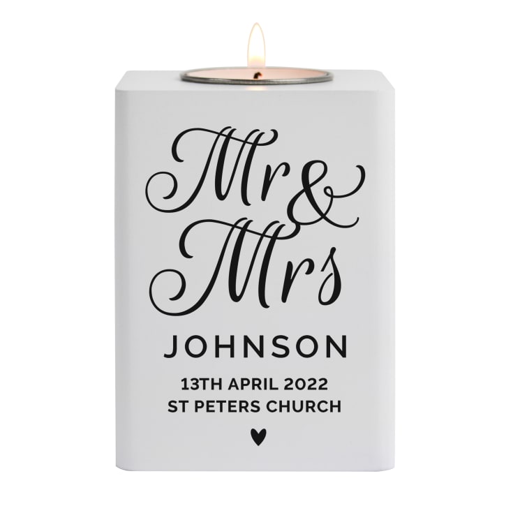Personalised Mr & Mrs White Wooden Tea light Holder product image