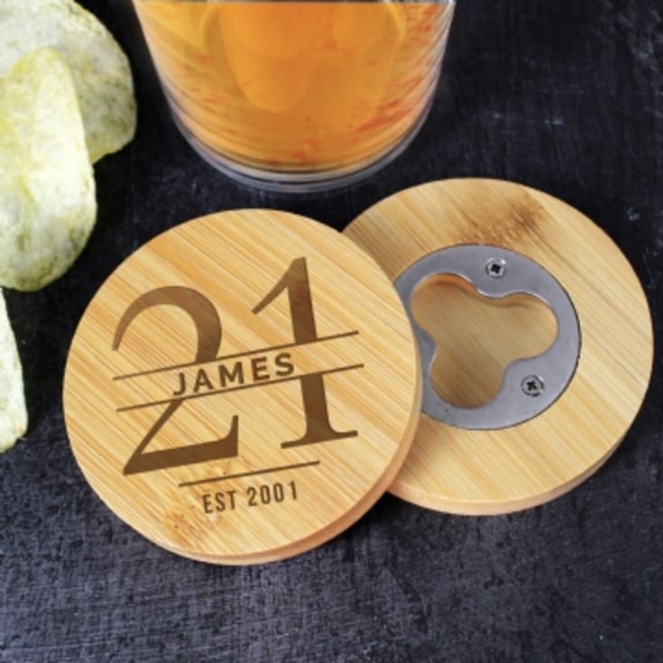 Personalised Big Age Bamboo Bottle Opener Coaster product image