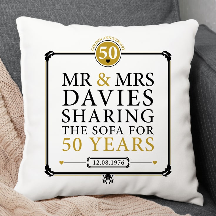 The Gift Experience Golden Personalised 50Th (Golden) Anniversary Sharing The Sofa Cushion