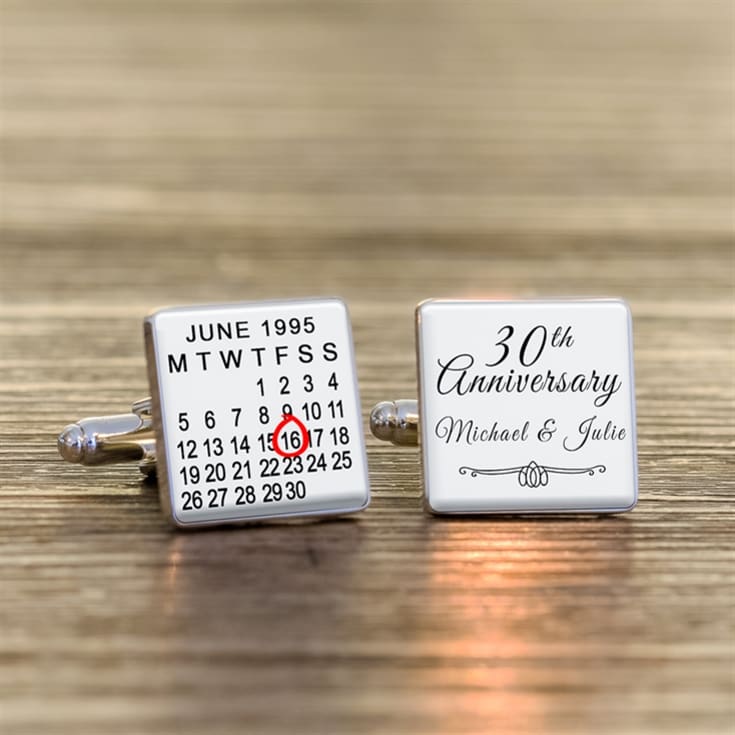 Personalised 30th Wedding Anniversary Silver Finish Calendar Date Square Cufflinks product image